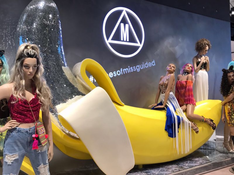 missguided disco ball banana mermaid tail mannequin fashion instore display bluewater bespoke prop manufacturer visual merchandising retail design