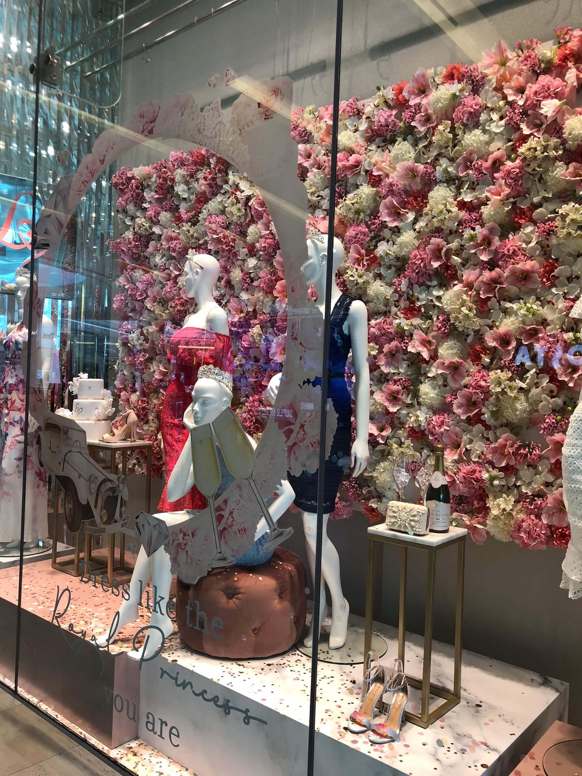 Lipsy fashion bespoke westfield flowers floral prop manufacture visual merchandising production window display