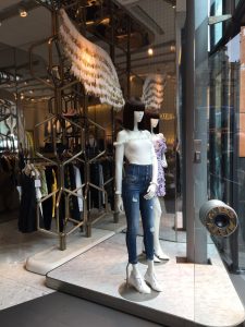 Miss Sixty - AW18 windows new launch bespoke prop angel wing gold dipped feathers prop manufacture visual merchandising brompton road