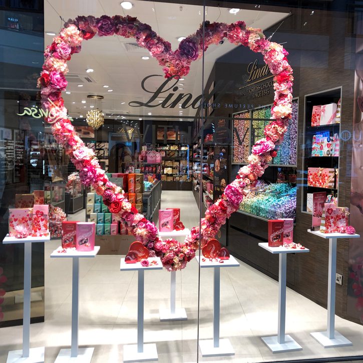 Lindt valentines new launch bluewater bespoke prop giant heart metalwork artificial flowers prop manufacture visual merchandising production